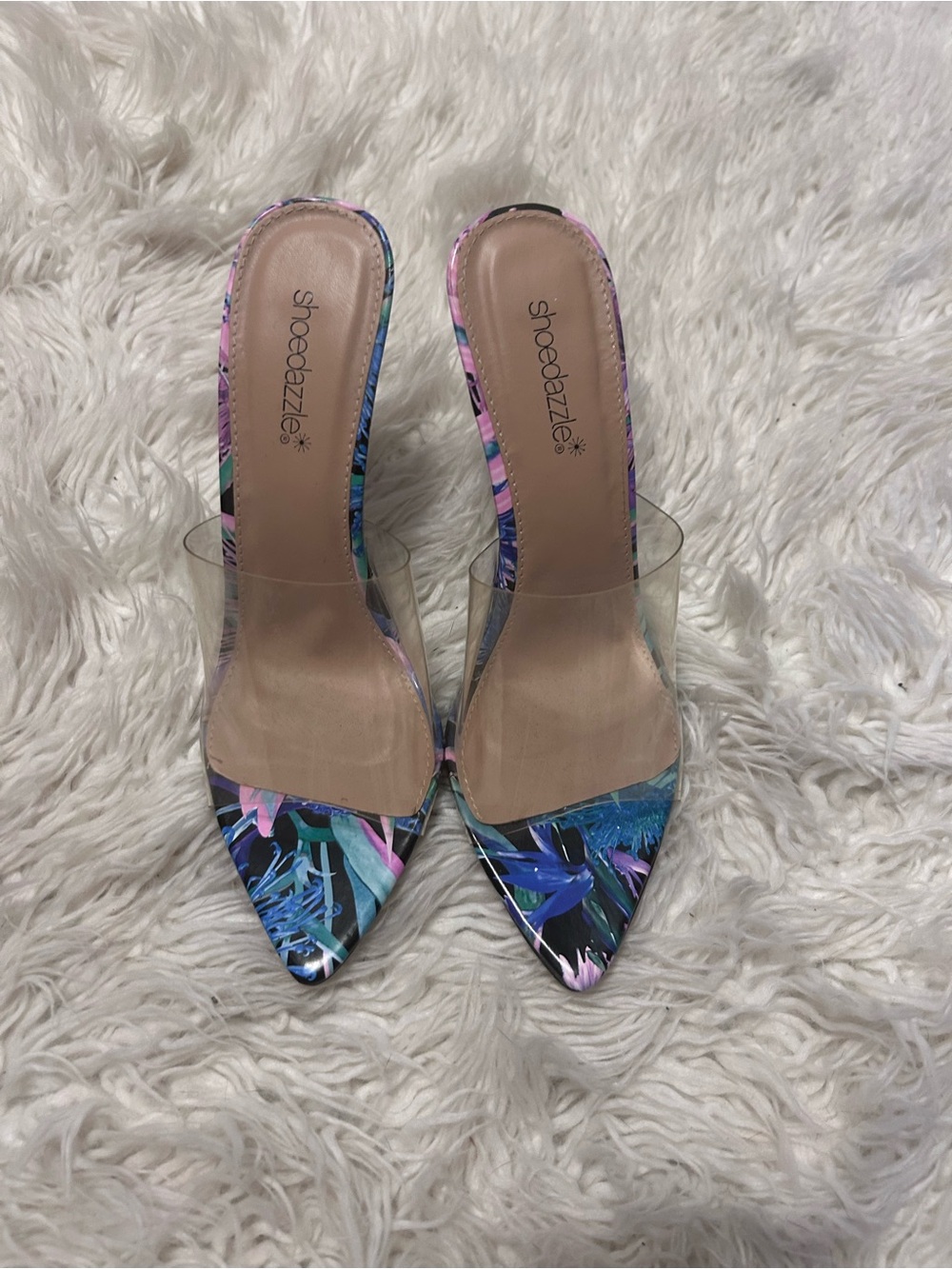 Shoe Dazzle Floral Pointed Mules with Clear Strap in Blue and Pink